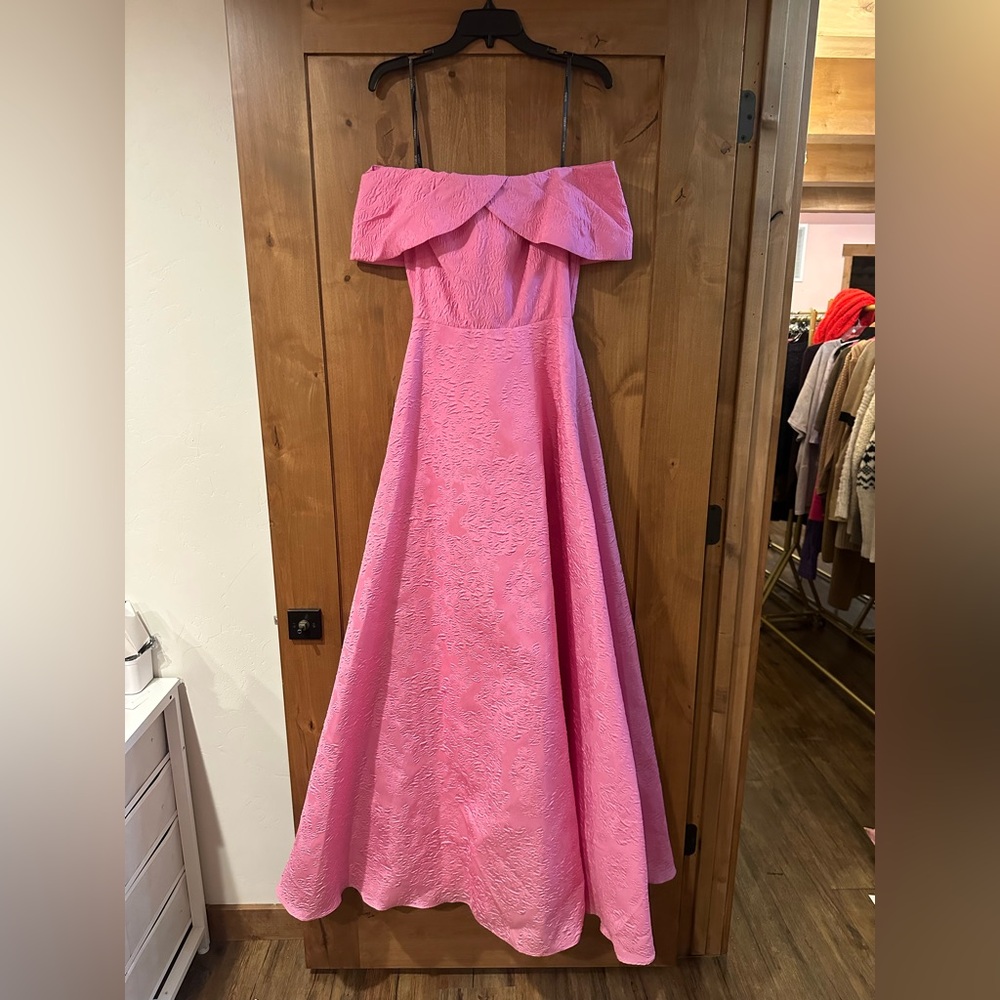 Theia Fiona Hot Pink Off-Shoulder Jacquard Midi Dress